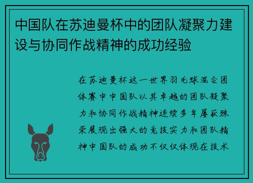 中国队在苏迪曼杯中的团队凝聚力建设与协同作战精神的成功经验