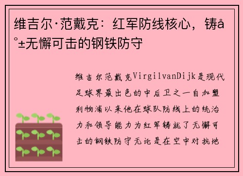 维吉尔·范戴克：红军防线核心，铸就无懈可击的钢铁防守